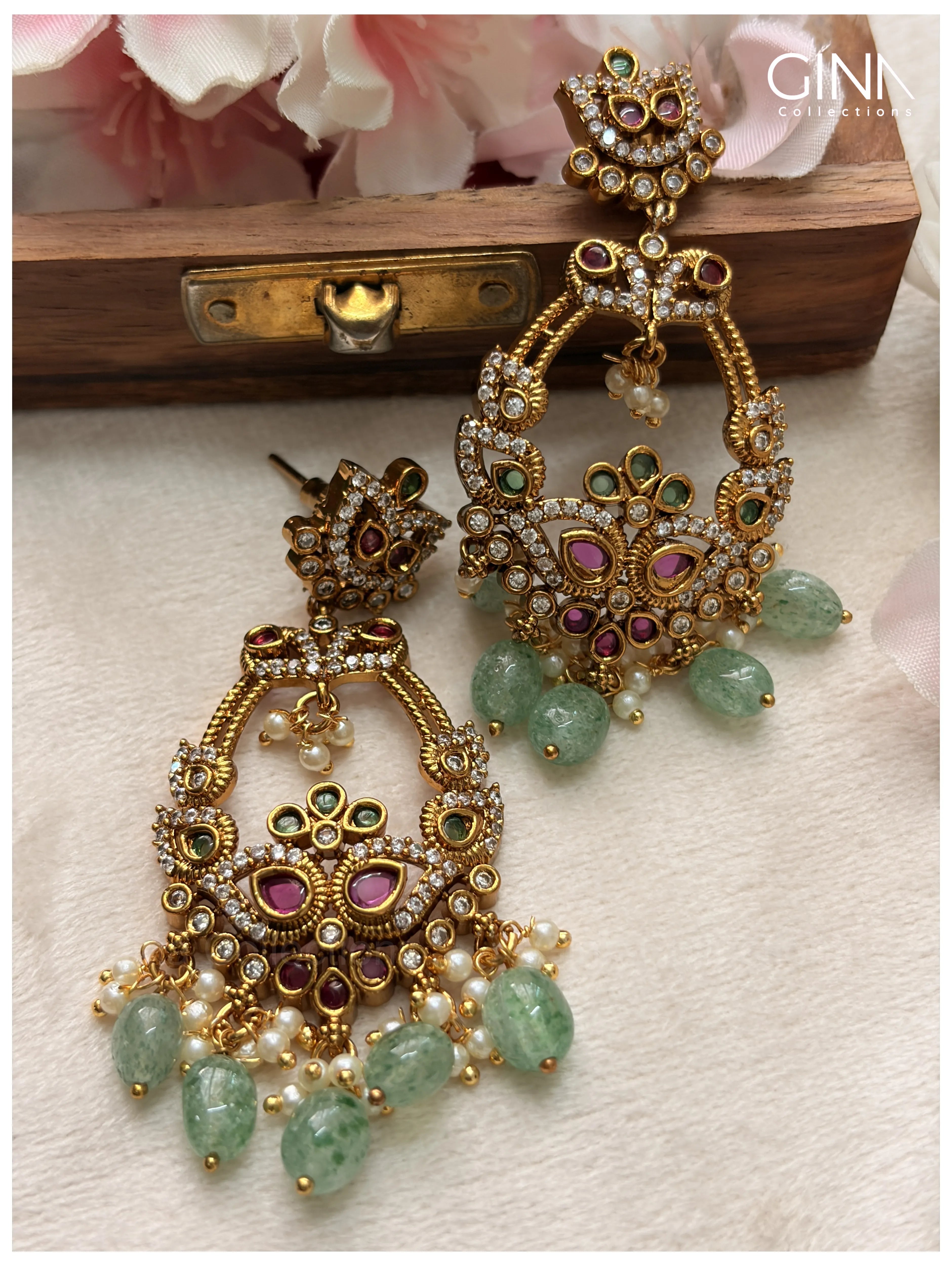 Twin Leaf Chandbali with Emerald Drops