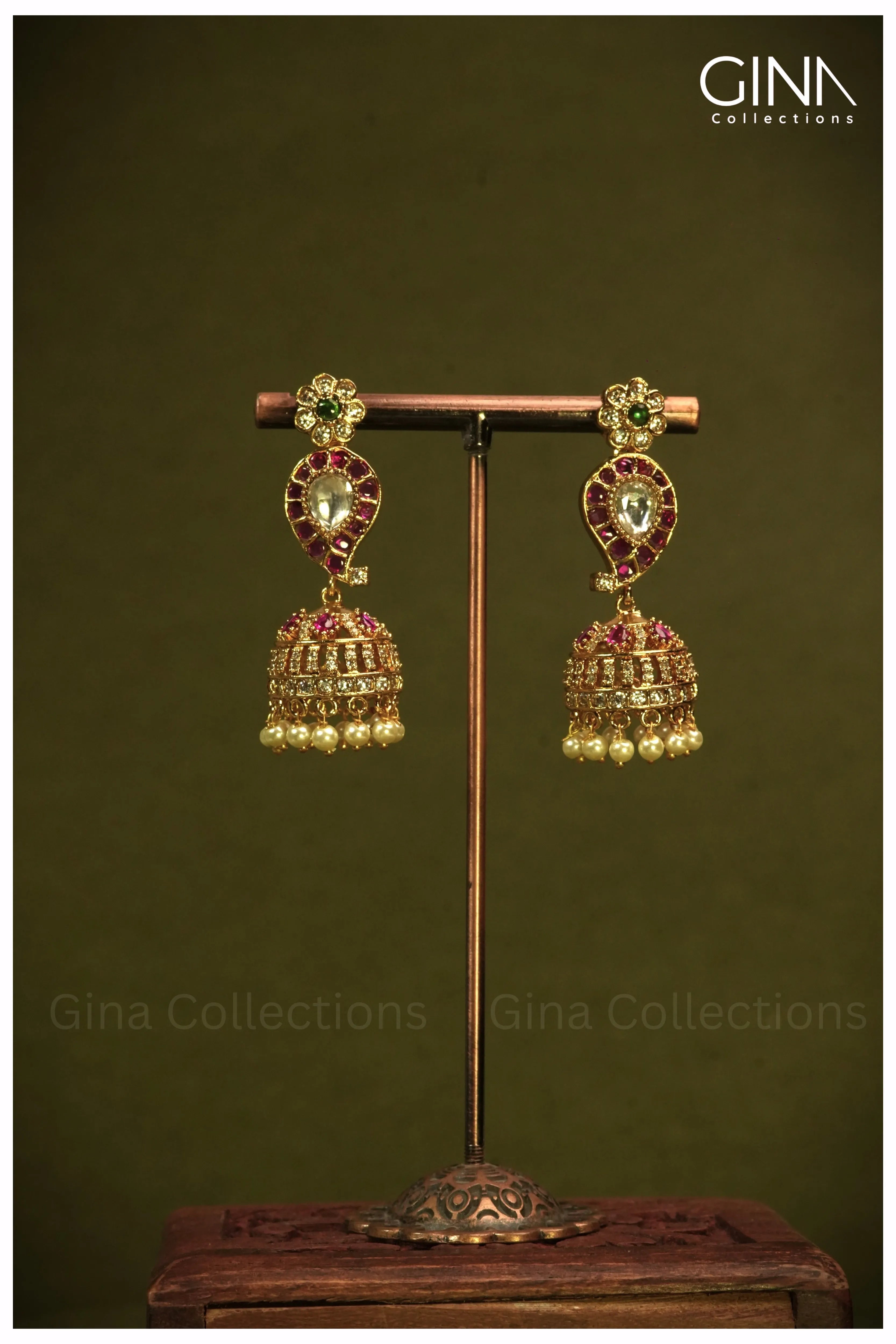 Jhumka Earrings with Multi Stones and Pearls