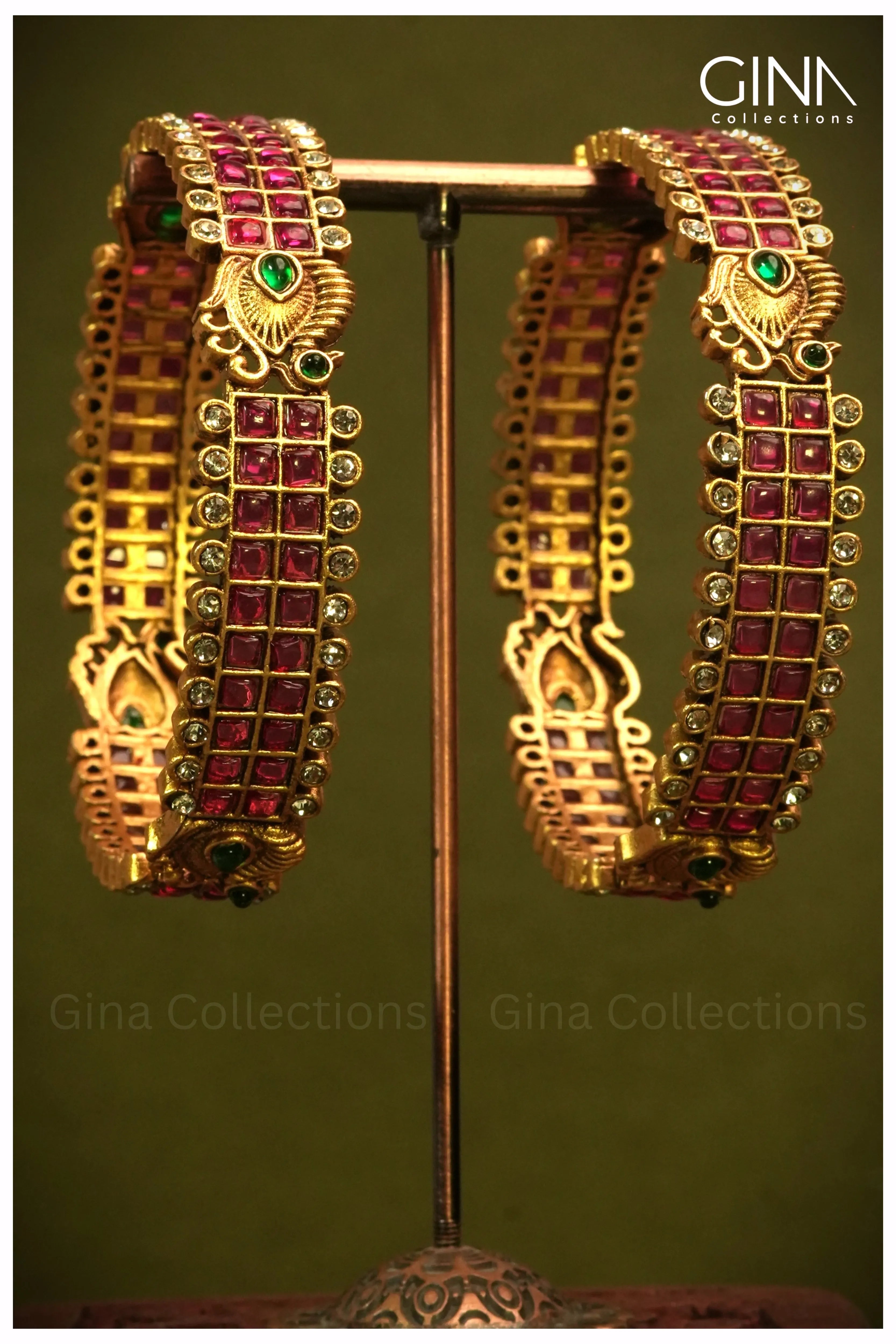 Peacock Motifs with Ruby red Kemp Stones Bangles
