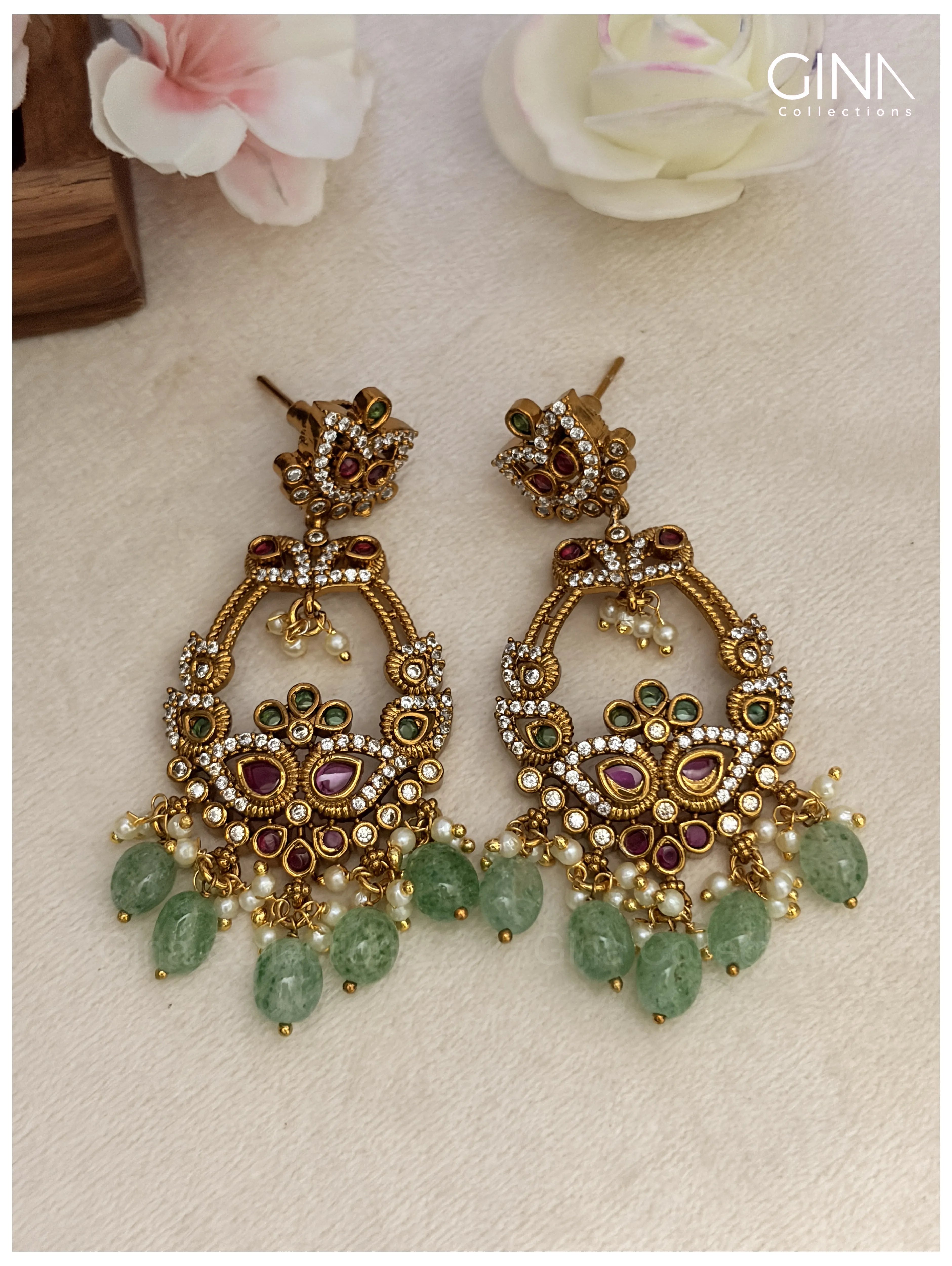 Twin Leaf Chandbali with Emerald Drops