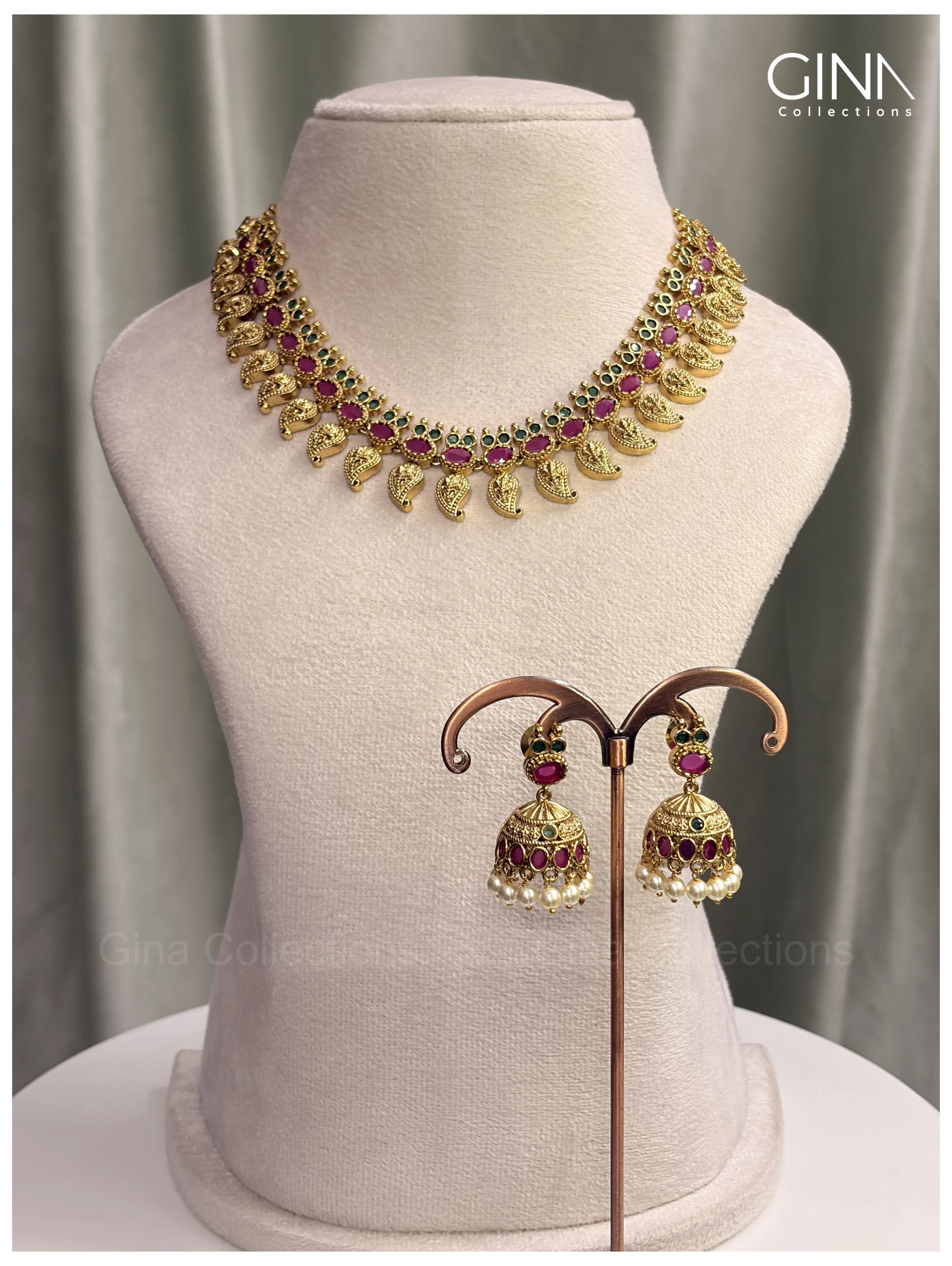 Emerald and Ruby Mango Necklace with Jhumkas