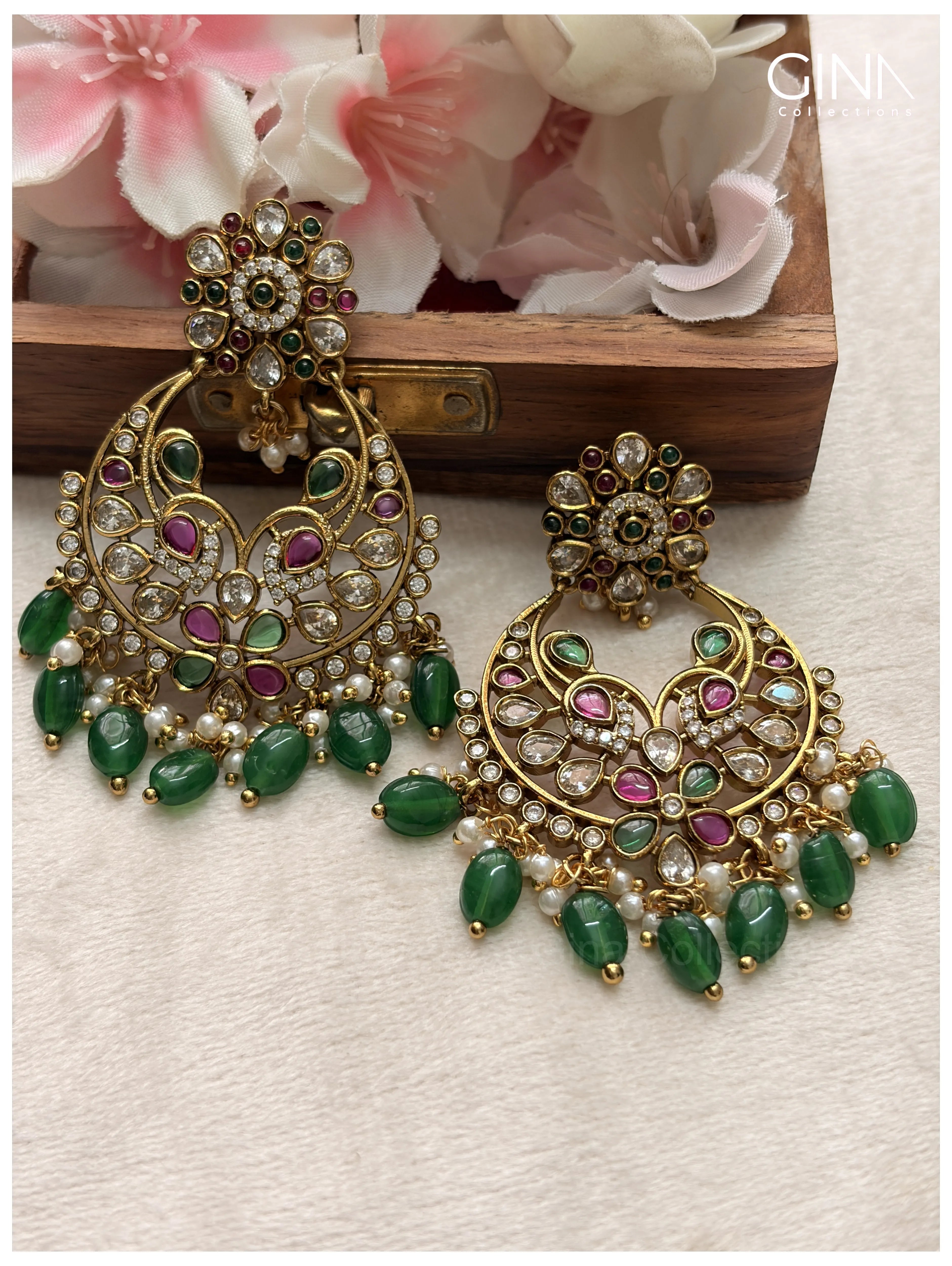 Floral Chandbali with Emerald Drops