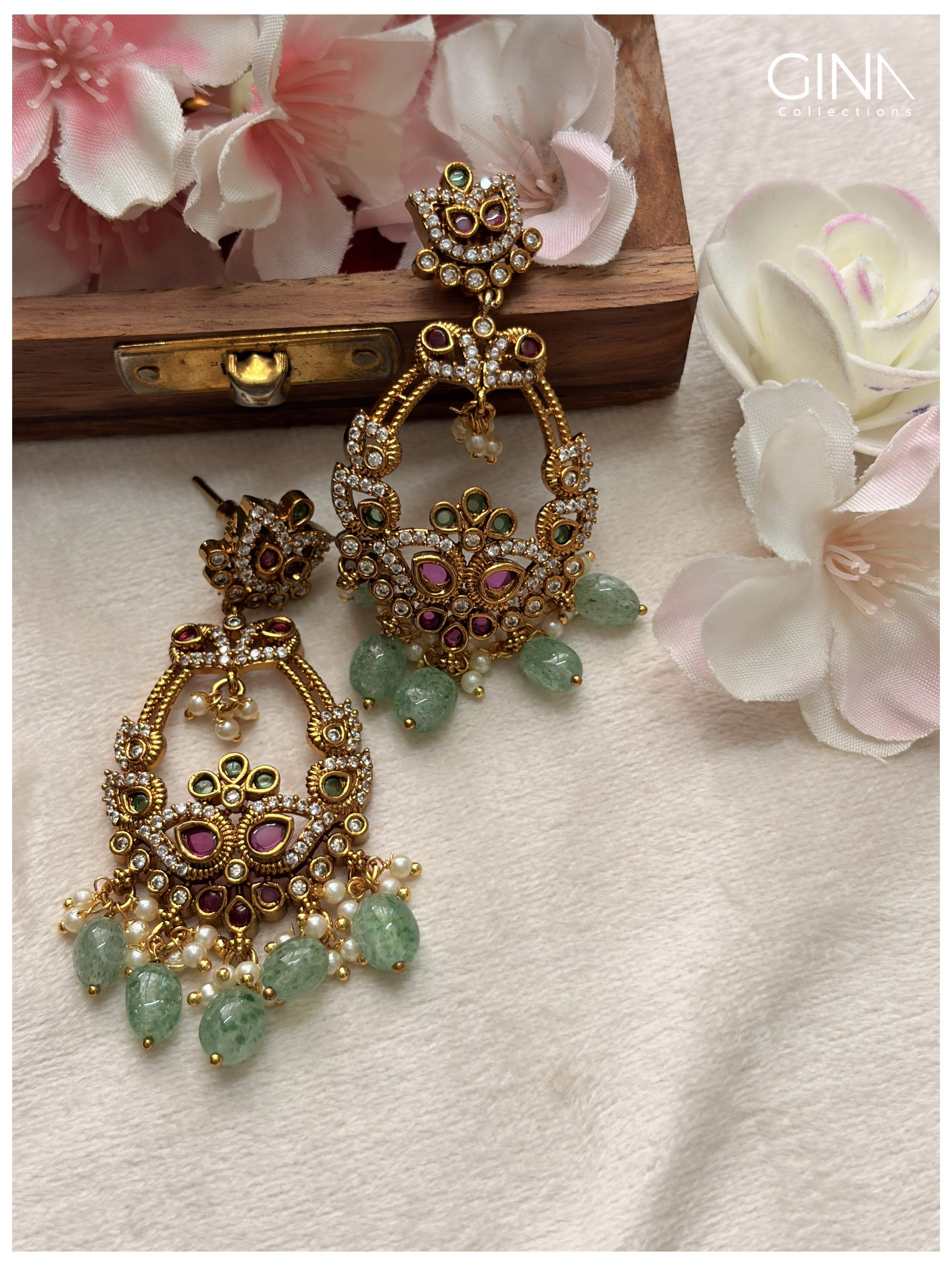 Twin Leaf Chandbali with Emerald Drops