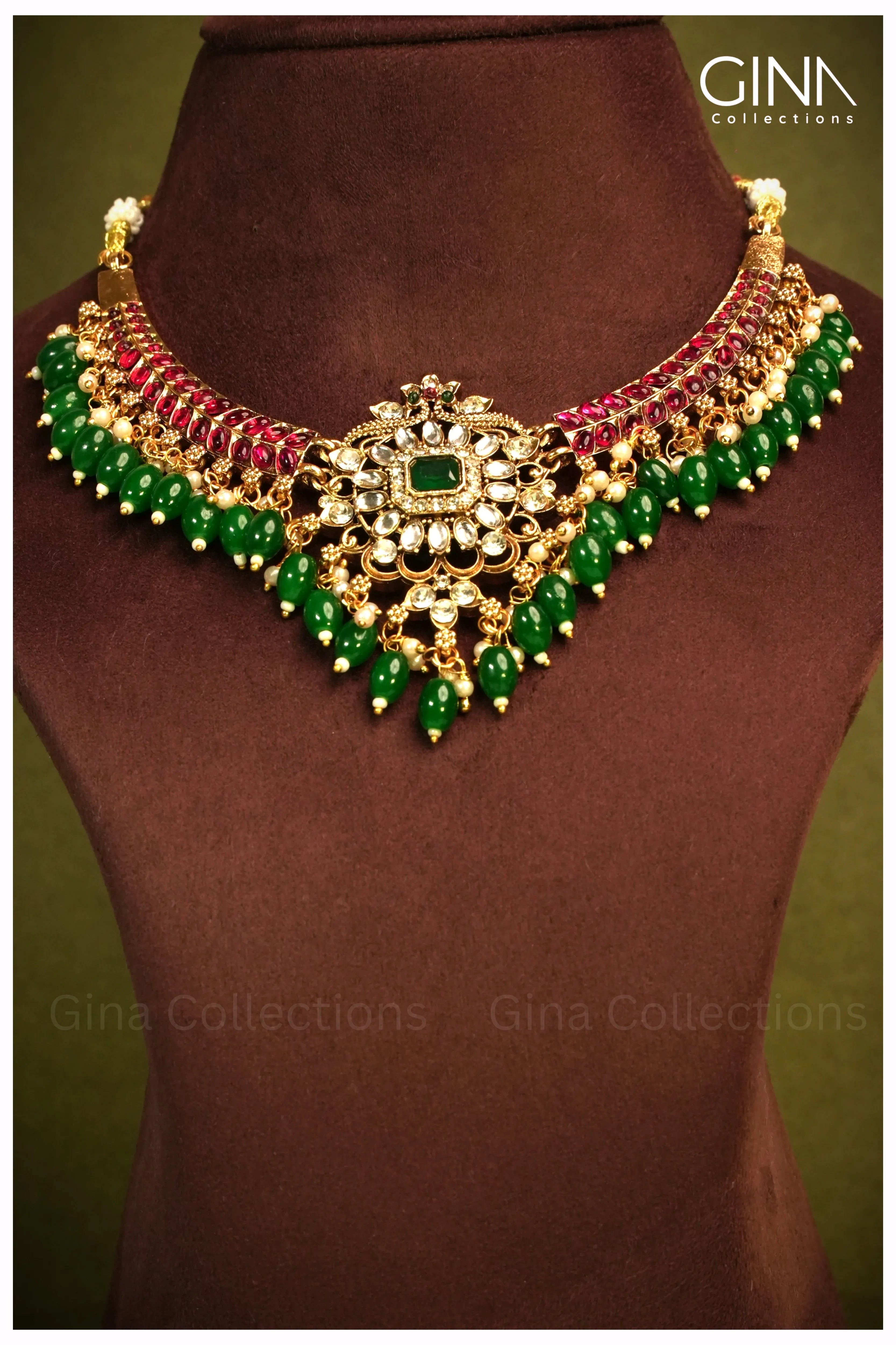 Ruby Stones and Green Beads Necklace Set