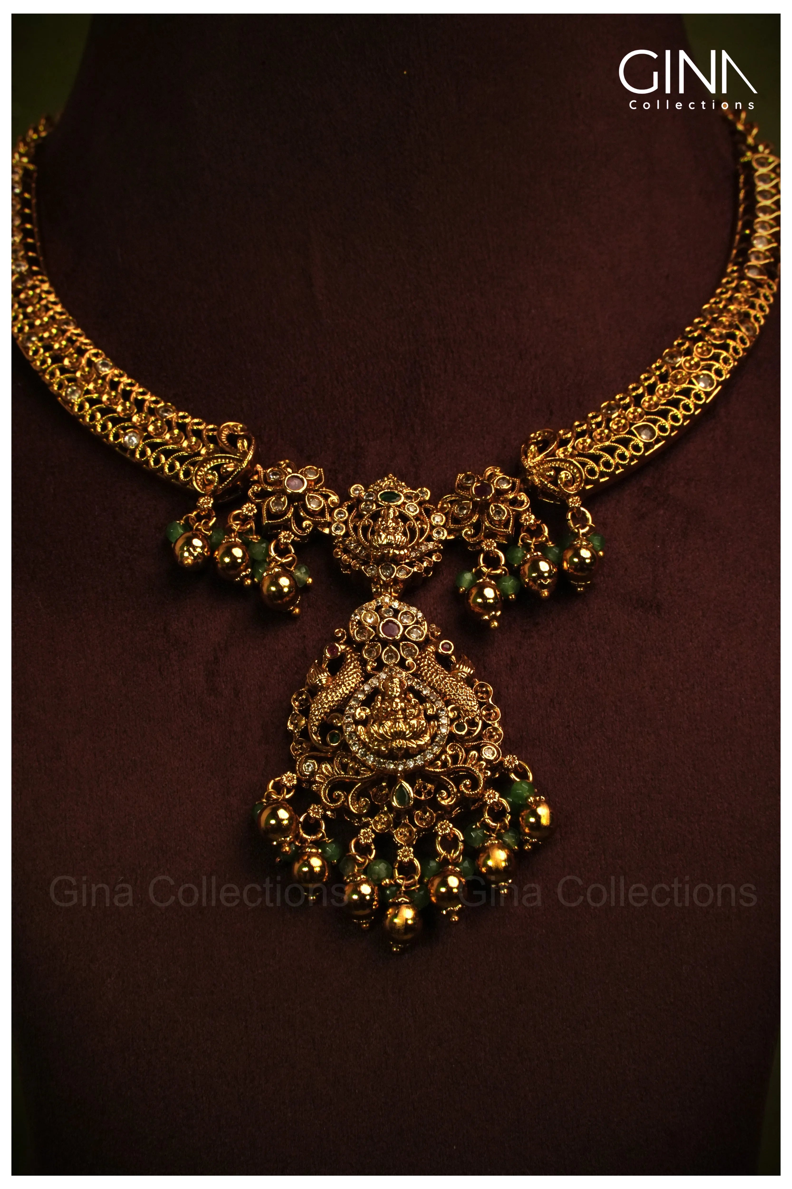 Antique Kanti with Lakshmi Motif & Emerald Gold Drops