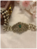 Three Layers Pearl Choker with Square Emerald Stone