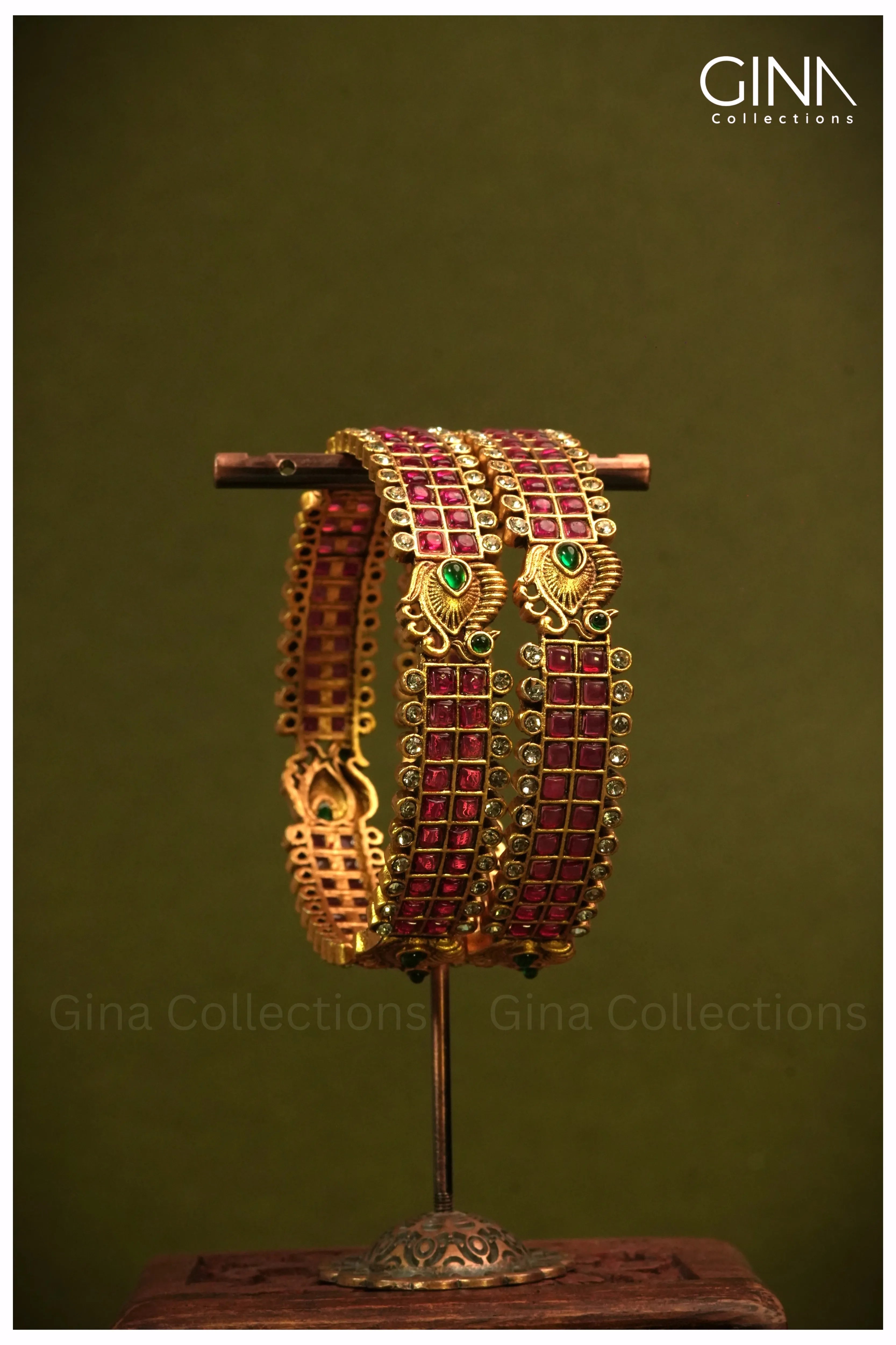 Peacock Motifs with Ruby red Kemp Stones Bangles