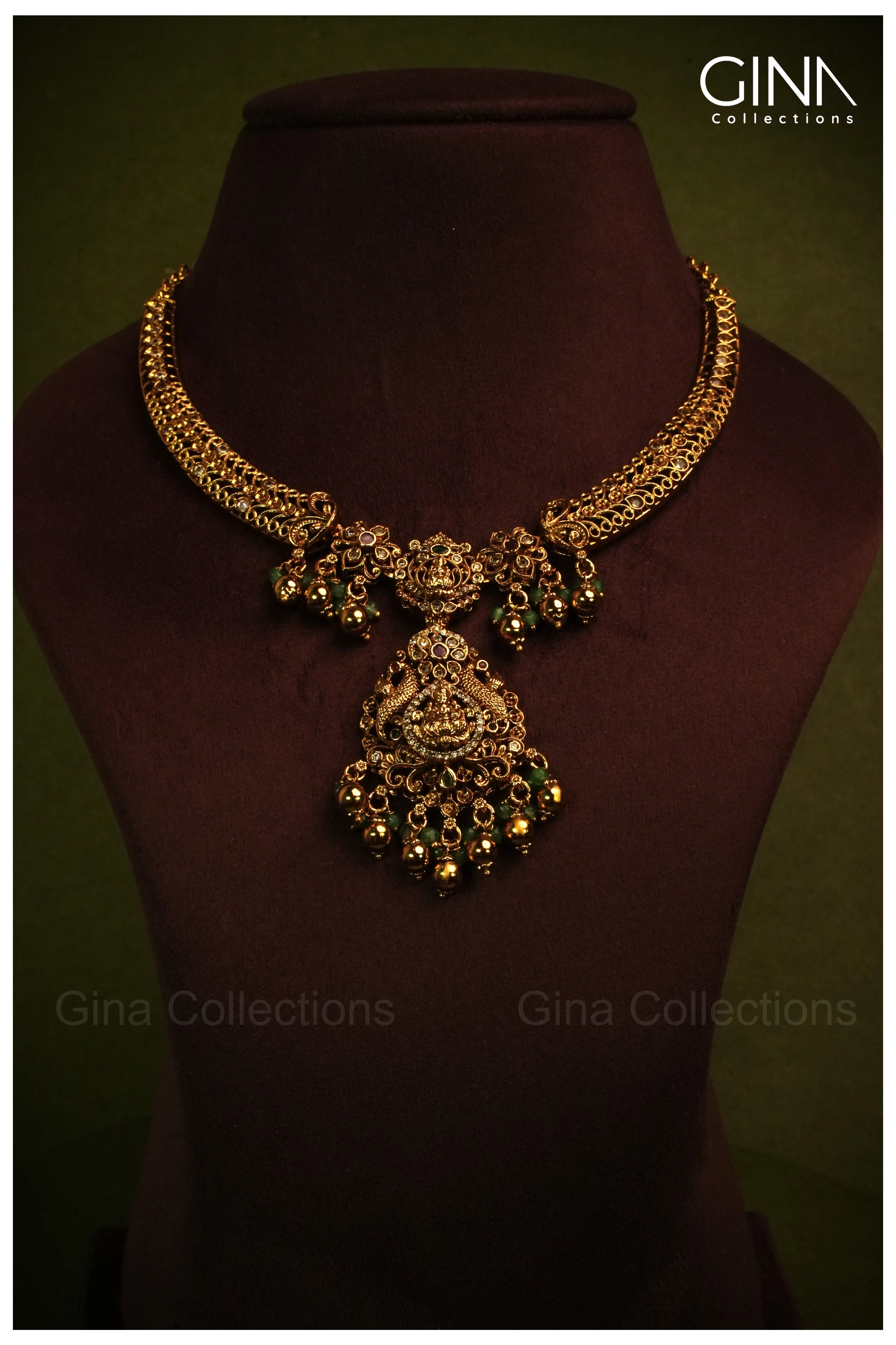 Antique Kanti with Lakshmi Motif & Emerald Gold Drops