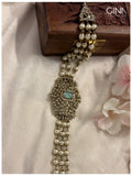 Three Layers Pearl Choker with Square Sea Green Stone