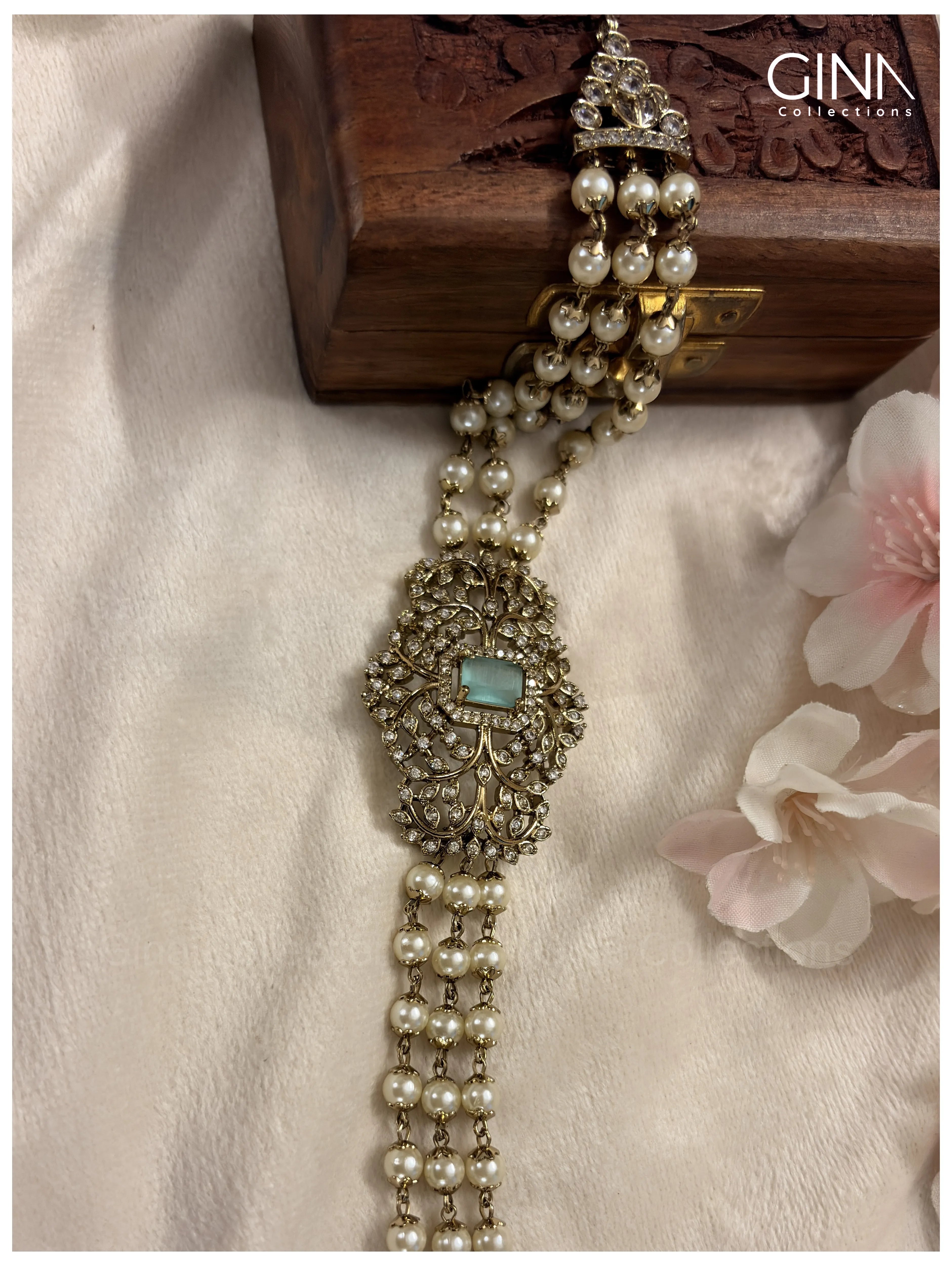 Three Layers Pearl Choker with Square Sea Green Stone
