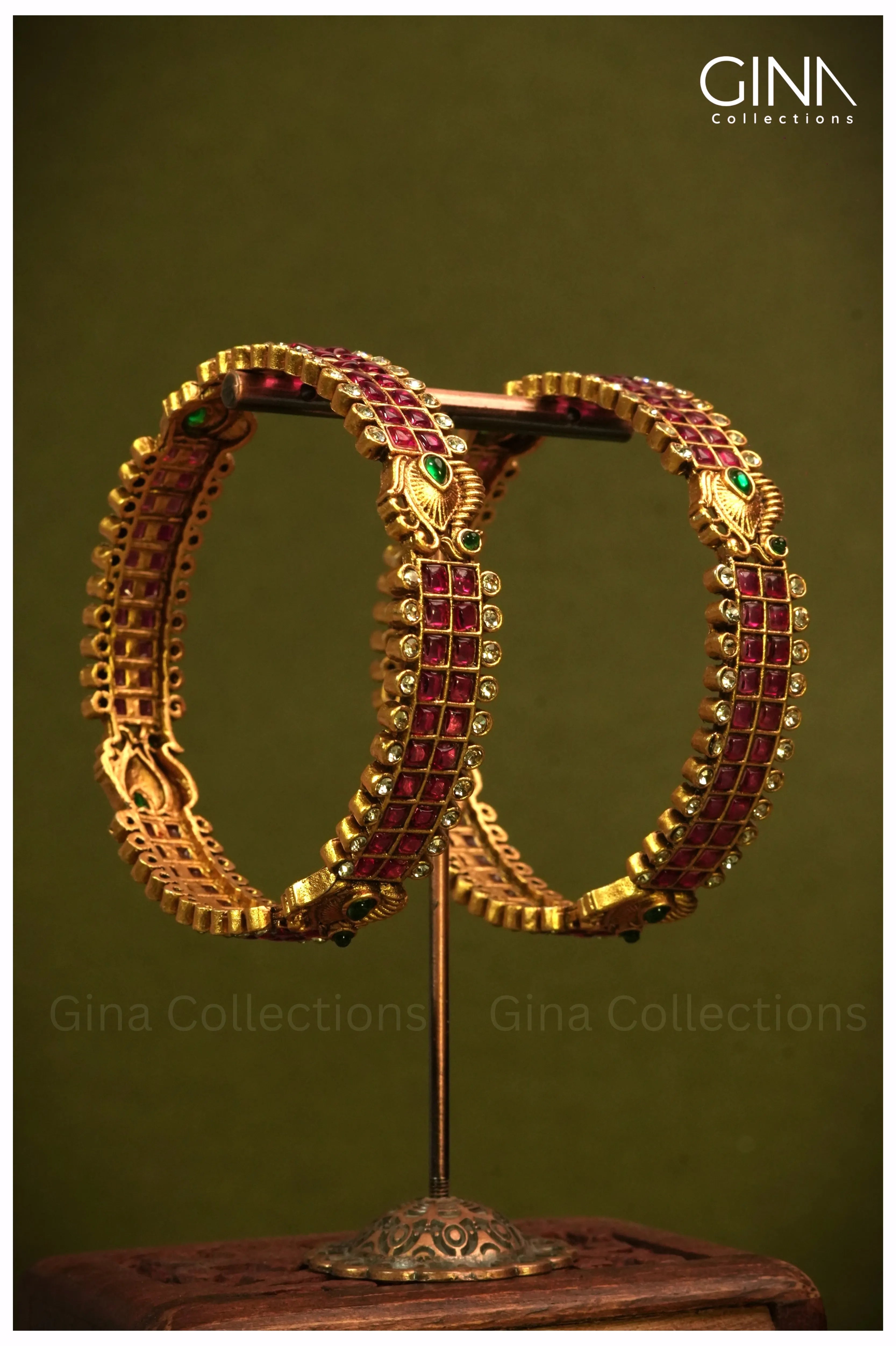 Peacock Motifs with Ruby red Kemp Stones Bangles