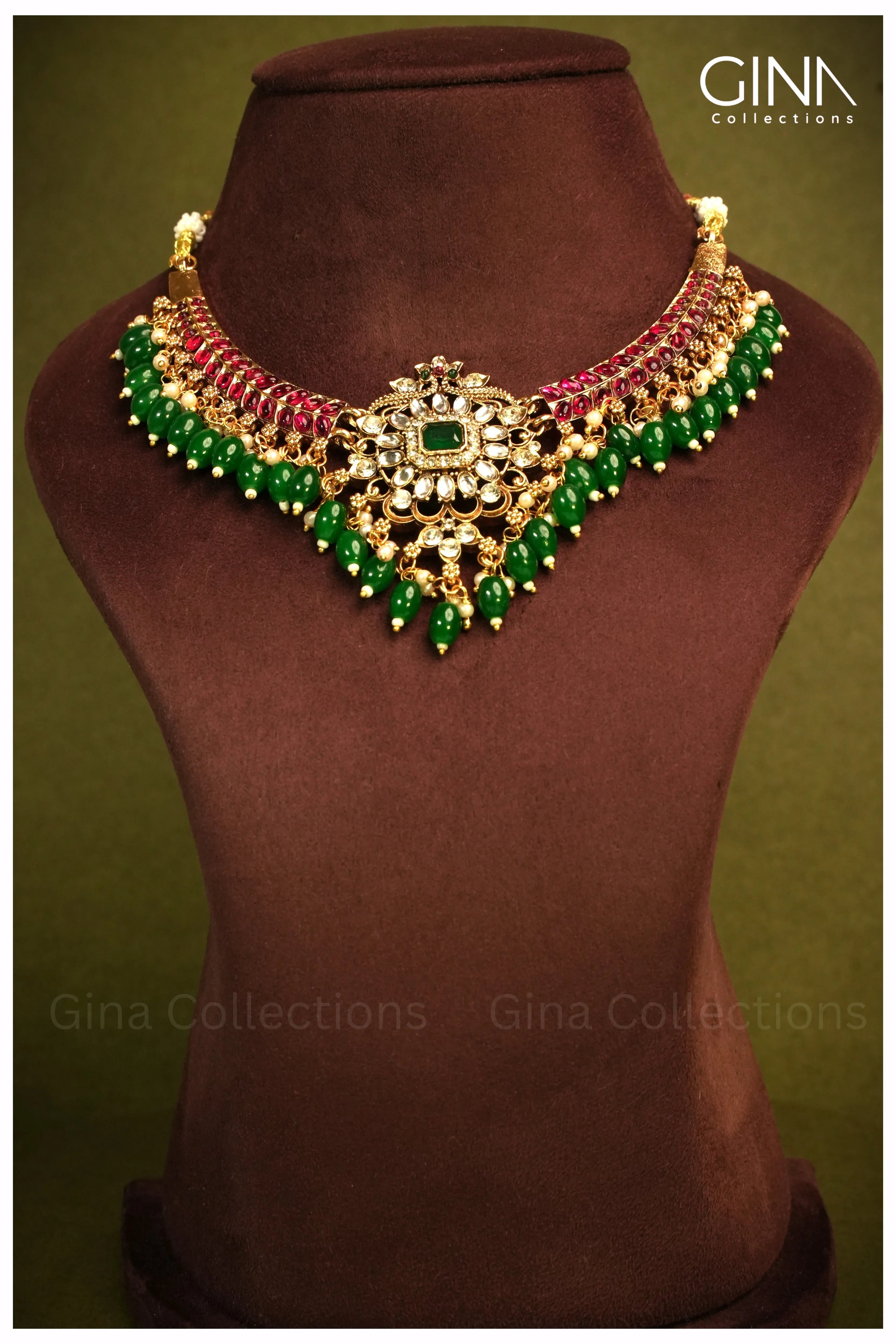 Ruby Stones and Green Beads Necklace Set