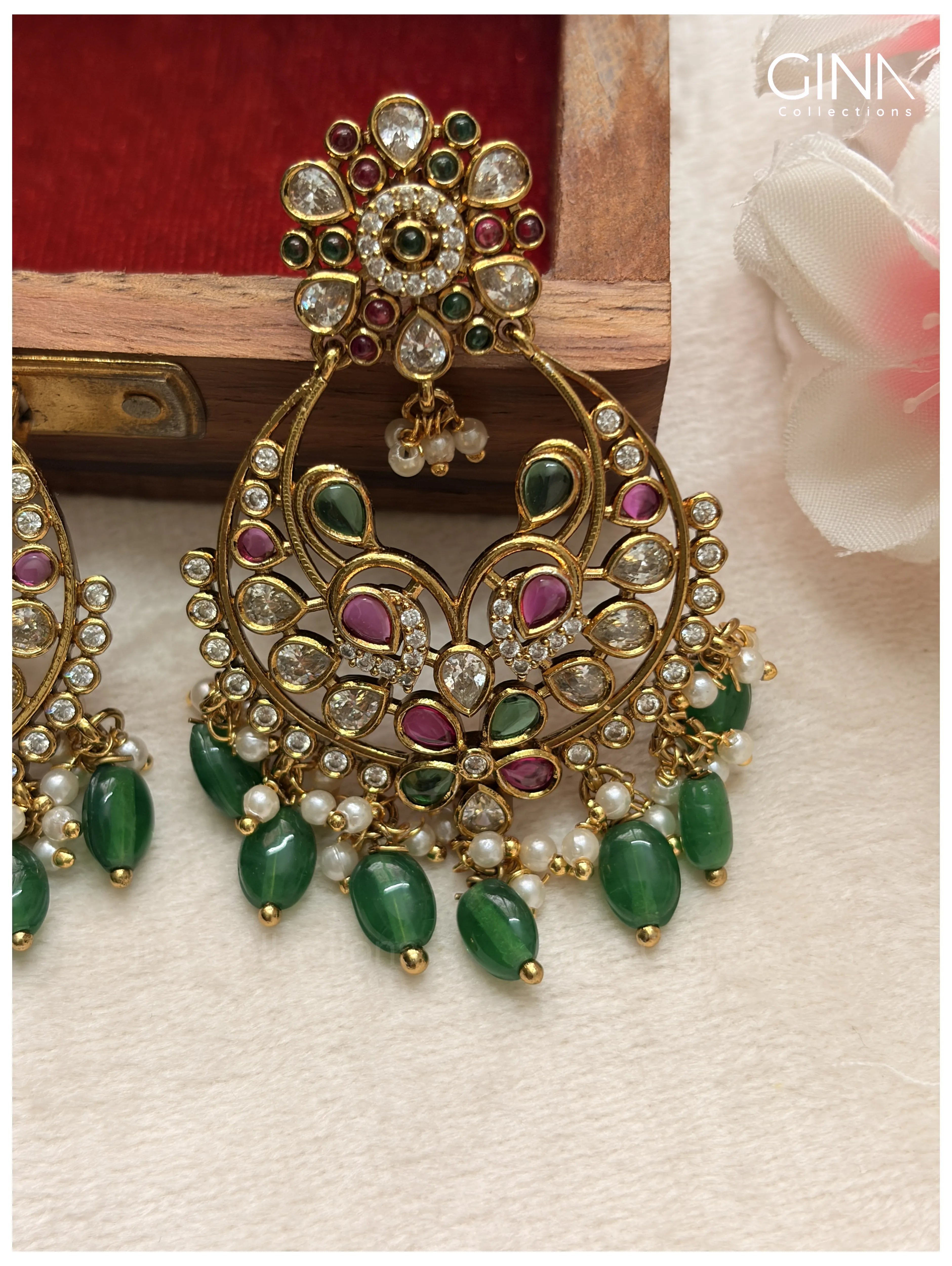 Floral Chandbali with Emerald Drops