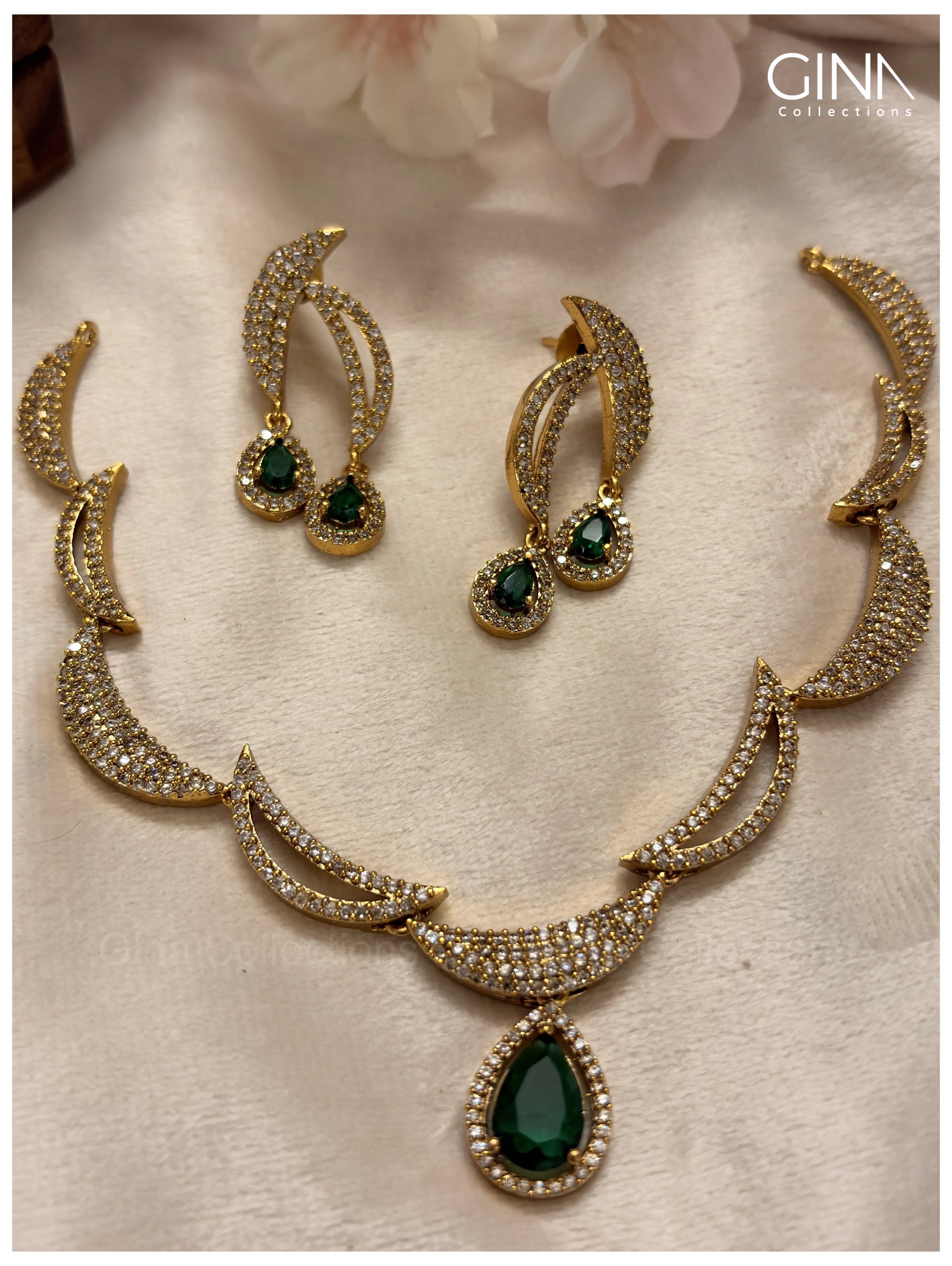 Sparkling Half moon Emerald Raindrop Necklace