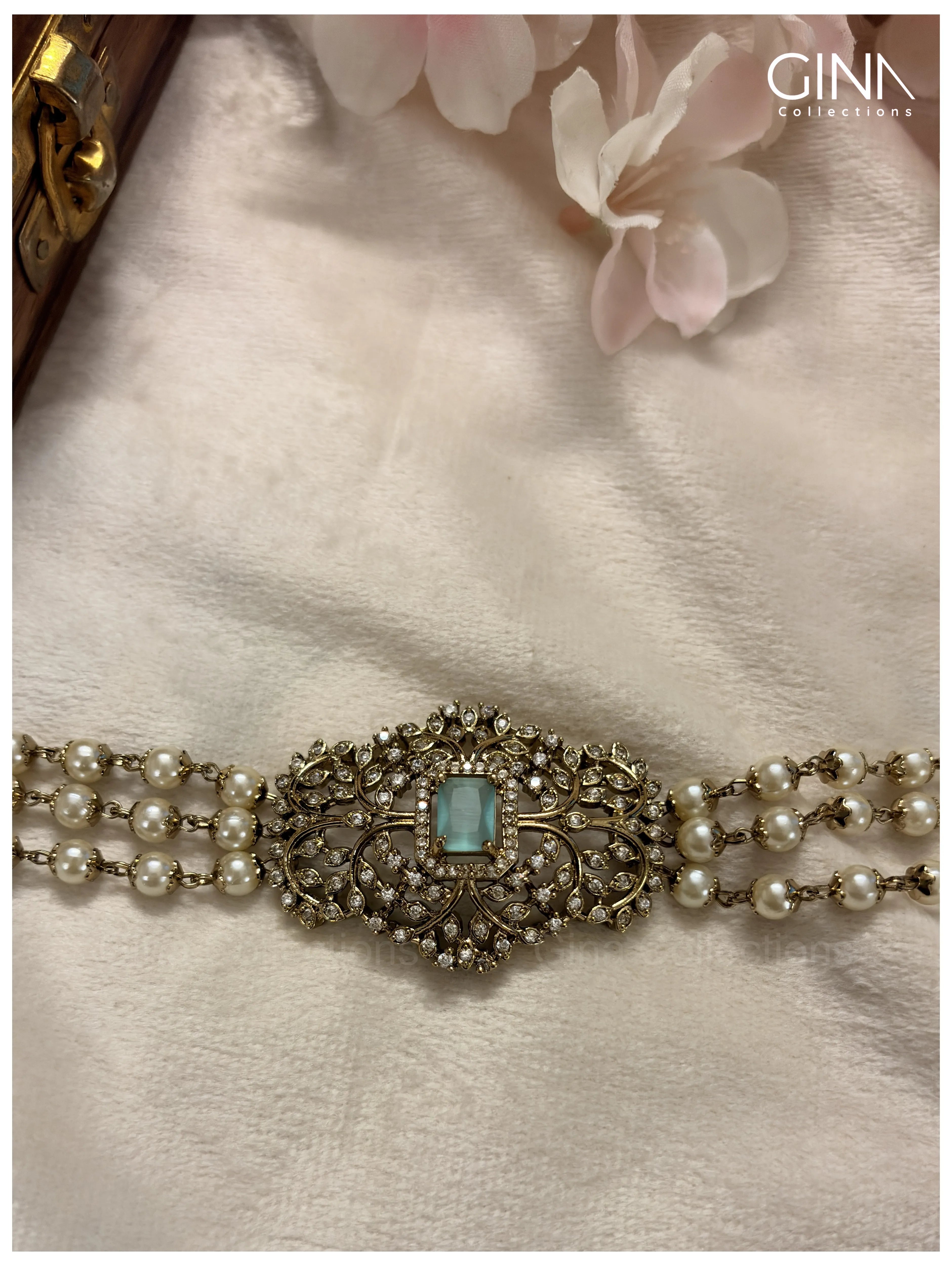 Three Layers Pearl Choker with Square Sea Green Stone