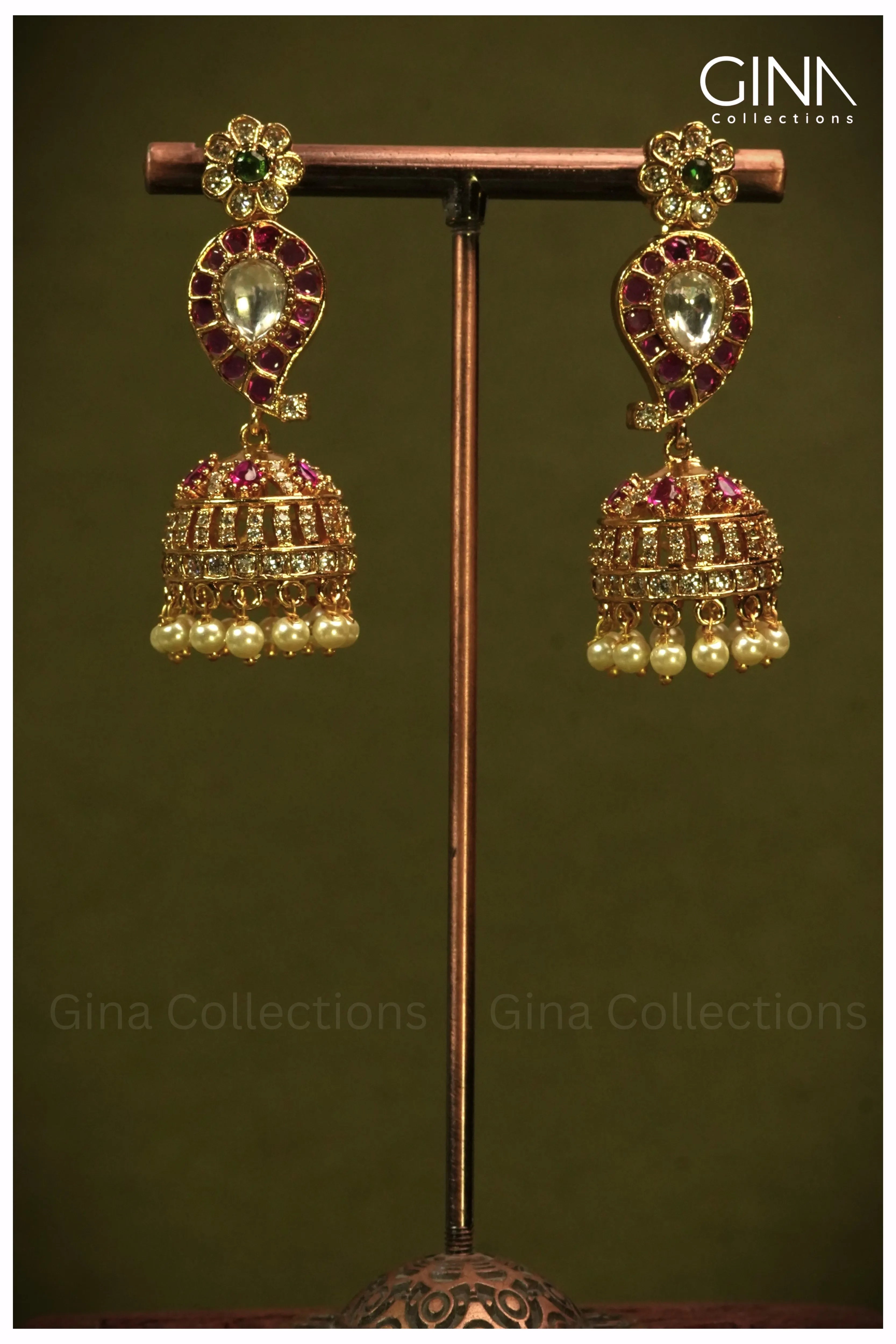 Jhumka Earrings with Multi Stones and Pearls