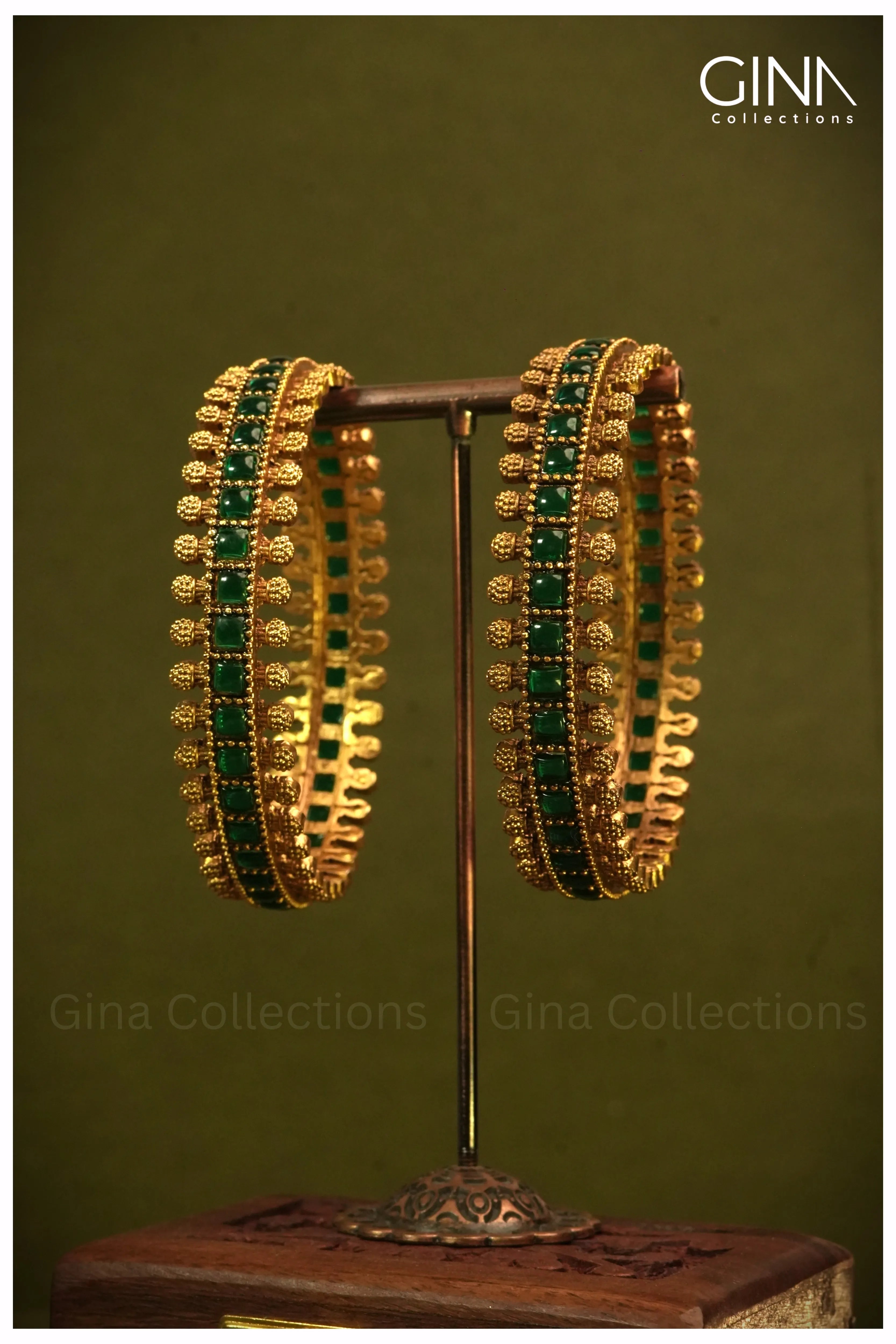 Gold Plated Green Stone Accents Bangles